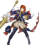  blue_eyes cape eliwood_(fire_emblem) fire_emblem fire_emblem:_rekka_no_ken fire_emblem_heroes full_body highres holding itou_misei male_focus official_art polearm red_hair solo spear torn_clothes transparent_background weapon 