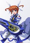 blue_eyes commentary_request cowboy_shot cross_(crossryou) fingerless_gloves gloves grey_background hair_ribbon holding holding_weapon jacket long_skirt looking_at_viewer lyrical_nanoha magical_girl mahou_shoujo_lyrical_nanoha_the_movie_3rd:_reflection open_mouth raising_heart ribbon short_hair skirt solo standing strike_cannon takamachi_nanoha twintails v-shaped_eyebrows weapon white_jacket white_ribbon white_skirt 