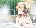  bamboo bamboo_forest bathing blonde_hair blush bottle breasts choko_(cup) collarbone commentary_request convenient_arm covering covering_breasts cup earmuffs forest glowing lamp looking_to_the_side makuwauri medium_breasts medium_hair nature nude onsen partially_submerged partially_translated plaque polka_dot_towel solo steam tiles tokkuri touhou towel towel_on_head toyosatomimi_no_miko translation_request tray upper_body water white_towel 