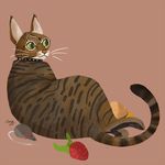  ambiguous_gender brown_fur cat cat_toy collar domestic_cat ear_tuft feline feral fur green_eyes looking_back lying mammal rear_view red_background reimena relaxing simple_background solo stripes tabby toy_mouse tuft 
