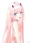  :p bangs breasts darling_in_the_franxx green_eyes hairband horns long_hair medium_breasts nude pink_hair solo tongue tongue_out upper_body yumaomi zero_two_(darling_in_the_franxx) 