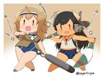  :o beans black_hair blush capriccyo commentary hairband headgear horn horns i-26_(kantai_collection) i-400_(kantai_collection) jacket jacket_over_swimsuit kantai_collection light_brown_eyes light_brown_hair long_hair machinery multiple_girls new_school_swimsuit open_mouth orange_sailor_collar purple_eyes sailor_collar sailor_shirt sandals school_swimsuit setsubun shirt short_sleeves sleeveless standing swimsuit tan torpedo two-tone_hairband two_side_up v-shaped_eyebrows 