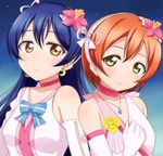  bangs bare_shoulders blue_hair blush bokutachi_wa_hitotsu_no_hikari choker commentary_request dress elbow_gloves flower gloves green_eyes hair_between_eyes hair_flower hair_ornament hoshizora_rin jewelry long_hair looking_at_viewer love_live! love_live!_school_idol_project multiple_girls necklace orange_hair short_hair smile sonoda_umi upper_body wewe yellow_eyes 