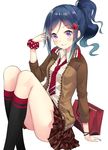  bag birthday black_legwear blue_hair bracelet curly_hair hair_ornament happy_birthday heart heart_hair_ornament highres jacket jewelry long_hair long_sleeves love_live! love_live!_school_idol_festival love_live!_sunshine!! matsuura_kanan miniskirt necktie paper_bag polka_dot polka_dot_scrunchie ponytail purple_eyes ranmaruuuu00 red_neckwear scrunchie sitting skirt solo 