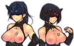  black_hair black_nails breast_tattoo breasts breasts_outside em etou_toshiko inverted_nipples kitagou_fumika large_breasts mask multiple_girls nail_polish nipples revealing_clothes short_hair smile tattoo world_witches_series 