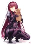  3; ;) armor bodysuit breasts carrying closed_mouth commentary covered_navel dog eyebrows_visible_through_hair fate/grand_order fate_(series) female full_body hair_between_eyes hair_intakes high_heels highres holding large_breasts licking lips long_hair okitakung one_eye_closed pauldrons puppy purple_bodysuit purple_hair red_eyes scathach_(fate)_(all) scathach_(fate/grand_order) shadow shoulder_pads simple_background skin_tight smile solo squatting tongue tongue_out type-moon very_long_hair white_background wince 