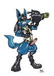  3_fingers 3_toes agent_(artist) anthro balls black_fur blue_balls blue_fur boots canine clothing drone footwear fur gas_mask goo_transformation harness lucario male mammal mask mind_control nintendo orgasm penis pok&eacute;mon pok&eacute;mon_(species) red_penis reyn_the_lucario rubber shiny solo standing story story_in_description straps teeth toes transformation video_games zipper 