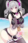  1girl blush censored erection frilled_legwear futanari gloves grey_hair hair_ornament hair_ribbon hikareru2000 idolmaster idolmaster_cinderella_girls kanzaki_ranko large_penis neck_ribbon penis penis_sheath ribbon rihito_akane solo standing testicles tied_hair twintails umbrella 