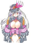  1girl blush breasts hat large_breasts navel oyatsu_(mk2) silver_hair 