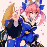  ;) \m/ animal_ears bangs bare_shoulders blue_legwear blush breasts bright_pupils cherry_blossoms cleavage closed_mouth detached_sleeves eyebrows eyebrows_visible_through_hair eyelashes eyes_visible_through_hair fate/extra fate_(series) fingernails fox_ears fox_shadow_puppet fox_tail gradient gradient_background hair_between_eyes japanese_clothes legs_apart long_hair long_sleeves medium_breasts nail_polish one_eye_closed orange_eyes petals pink_background pink_hair pink_nails shiny shiny_hair sidelocks smile solo standing sunagimo_(nagimo) tail tail_raised tamamo_(fate)_(all) tamamo_no_mae_(fate) thighhighs twintails twitter_username white_pupils wide_sleeves zettai_ryouiki 