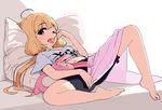  :p ahoge barefoot bed bike_shorts black_shorts blonde_hair blush breasts brown_eyes candy clothes_writing commentary_request covering covering_crotch eyelashes food full_body futaba_anzu hair_ornament hair_tie hand_up holding holding_food idolmaster idolmaster_cinderella_girls lollipop long_hair looking_at_viewer low_twintails lying midriff navel neet omaru_gyuunyuu on_back on_bed one_eye_closed pillow shirt shirt_lift short_shorts shorts small_breasts solo spread_legs stomach stuffed_animal stuffed_bunny stuffed_toy t-shirt toenails toes tongue tongue_out twintails white_shirt 