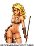  arm_warmers armlet blonde_hair breasts cave_elf_(ronindude) cleavage contrapposto elf eyebrows highres holding holding_weapon jewelry lips long_hair looking_at_viewer medium_breasts navel necklace original pointy_ears polearm ronindude single_strap solo spear standing tail torn_clothes tribal wavy_hair weapon yellow_eyes 