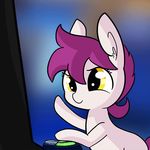  2017 animated arcade blurred_background cute earth_pony equine eyelashes fan_character female feral fur gaming hair horse inner_ear_fluff inside light mammal my_little_pony nude playing_videogame pony purple_hair short_hair smile solo standing tjpones yellow_eyes 