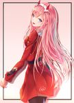  artist_name black_legwear blue_eyes darling_in_the_franxx gradient gradient_background h2o_(dfo) long_hair looking_at_viewer looking_back military military_uniform oni_horns open_mouth pantyhose pink_background pink_hair red_skirt simple_background skirt solo uniform very_long_hair zero_two_(darling_in_the_franxx) 