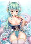  bare_shoulders blush breasts chaldea_uniform character_doll cleavage collarbone commentary_request dragon_horns eyebrows_visible_through_hair fang fate/grand_order fate_(series) flower fujimaru_ritsuka_(female) green_hair highres horns japanese_clothes kiyohime_(fate/grand_order) long_hair medium_breasts obi open_mouth pelvic_curtain riyo_(lyomsnpmp)_(style) sash shimokirin sitting smile snake solo thighhighs water white_legwear yellow_eyes 