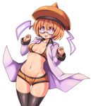 ass_visible_through_thighs black_legwear blush body_blush borokuro breasts brown_hat brown_shorts cleavage gen_4_pokemon groin hands_up hat highres labcoat lavender_coat looking_at_viewer midriff navel open_clothes orange_hair orange_hat orange_shorts personification pokemon purple-framed_eyewear purple_eyes rotom short_hair short_shorts shorts small_breasts solo standing thigh_gap tongue tongue_out 