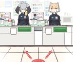 animal_ears asymmetrical_hair bird_wings blonde_hair blush brand_name_imitation cash_register cashier casshern character_name commentary convenience_store devilman employee_uniform familymart fox_ears grey_hair head_wings indoors kemono_friends looking_at_viewer multicolored_hair multiple_girls name_tag shinzou_ningen_casshern shoebill_(kemono_friends) shop short_hair staring tanaka_kusao tibetan_sand_fox_(kemono_friends) tiger_mask tiger_mask_(series) translation_request two-tone_hair uniform white_hair wings yellow_eyes 