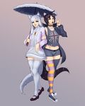  2018 animal_humanoid black_hair clothed clothing collar duo fellatio_gesture female footwear hair humanoid jacket legwear long_hair midriff open_mouth parasol shirt shoes short_hair shorts simple_background skirt sneakers spiked_collar spikes stockings suggestive suggestive_gesture tank_top thigh_highs tongue tongue_out union_jack urw white_hair wolf_humanoid yellow_eyes 