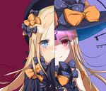  abigail_williams_(fate/grand_order) absurdres artist_name bangs black_bow black_dress black_hat blonde_hair blue_eyes blush bow closed_mouth commentary_request dated dress dual_persona fate/grand_order fate_(series) glowing hair_bow hat highres kaer_sasi_dianxia key long_hair long_sleeves multiple_girls orange_bow parted_bangs polka_dot polka_dot_bow purple_background red_eyes revealing_clothes sleeves_past_fingers sleeves_past_wrists smile split_image very_long_hair witch_hat 