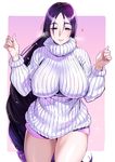  bangs boyshorts breasts fate/grand_order fate_(series) highres huge_breasts iku_(ikuchan_kaoru) long_hair low-tied_long_hair minamoto_no_raikou_(fate/grand_order) parted_bangs purple_hair shorts smile solo sweater turtleneck turtleneck_sweater very_long_hair 