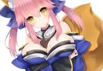  animal_ears bad_id bad_pixiv_id bare_shoulders between_breasts blue_ribbon blush bow breasts chocolate chocolate_heart cleavage detached_sleeves fate_(series) fox_ears fox_tail hair_bow hair_ribbon heart japanese_clothes large_breasts looking_at_viewer pink_hair ribbon simple_background solo tail tamamo_(fate)_(all) tamamo_no_mae_(fate) white_background yellow_eyes yuzu-aki 