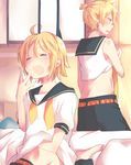  1girl ahoge aoi_choko_(aoichoco) bed bed_sheet belt blonde_hair blue_eyes blush brother_and_sister closed_eyes confused cosplay costume_switch hand_on_own_stomach highres kagamine_len kagamine_rin messy_hair midriff open_mouth sailor_collar sailor_shirt scratching shirt short_hair short_ponytail shorts siblings sleepy sleeveless sleeveless_shirt tears twins vocaloid waking_up wardrobe_error window yawning yellow_neckwear 