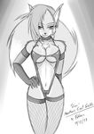  2013 anthro bedroom_eyes big_breasts big_tail breasts camel_toe canine chest_tuft cleavage clothed clothing fatelogic female fluffy fluffy_tail grin half-closed_eyes hand_on_hip lexi long_tail looking_at_viewer mammal midriff monochrome navel nipple_bulge seductive sketch skimpy smile tuft 