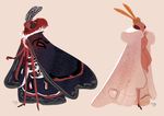  antennae anthro arthropod black_eyes cloak clothing dress duo female heel insect insect_wings male moth multi_limb pink_background pink_body red_body reimena robe simple_background wings 