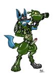  3_fingers 3_toes agent_(artist) anthro balls black_fur blue_fur boots canine clothing drone footwear fur gas_mask goo_transformation green_balls green_penis harness lucario male mammal mask mind_control nintendo orgasm penis pok&eacute;mon pok&eacute;mon_(species) reyn_the_lucario rubber shiny solo standing story story_in_description straps teeth toes transformation video_games zipper 