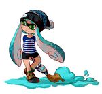 beanie bike_shorts black_hat black_shorts blue_hair blush brown_footwear closed_mouth clothes_writing domino_mask eyebrows full_body green_eyes green_pupils hat holding inkbrush_(splatoon) inkling inkling_(language) long_hair long_sleeves looking_away looking_to_the_side mask multicolored multicolored_shirt paint paintbrush pom_pom_(clothes) shirt shoes shorts simple_background solo splatoon_(series) splatoon_1 standing striped striped_shirt suction_cups sunagimo_(nagimo) white_background 