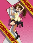  apron armpits bow bowtie brown_eyes brown_hair copyright_name full_body highres kneehighs loafers long_hair looking_at_viewer open_mouth polka_dot polka_dot_background ponytail shoes smile solo standing standing_on_one_leg takahashi_(dega_mo) taneshima_popura working!! 