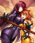  2girls ;d ahoge arm_around_waist ass asymmetrical_docking blush bodysuit breast_press breasts chaldea_combat_uniform commentary covered_navel eyebrows_visible_through_hair fate/grand_order fate_(series) fujimaru_ritsuka_(female) gae_bolg hair_ornament hair_scrunchie hand_on_another&#039;s_hip hand_on_another's_hip hips holding holding_weapon large_breasts long_hair medium_breasts multiple_girls okitakung one_eye_closed one_side_up open_mouth orange_bodysuit orange_eyes orange_hair polearm purple_bodysuit purple_hair red_eyes scathach_(fate)_(all) scathach_(fate/grand_order) scrunchie short_hair side_ponytail smile spear thighs weapon 