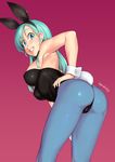  animal_ears aqua_hair ass bare_shoulders bent_over black_leotard blue_eyes blue_legwear breasts bulma bunny_ears bunny_girl bunny_tail bunnysuit commentary_request detached_collar dragon_ball dragon_ball_(classic) fake_animal_ears from_behind hand_on_hip haruhisky highres jewelry large_breasts leotard lips long_hair looking_at_viewer looking_back magenta_background pantyhose parted_lips shiny shiny_hair shiny_skin simple_background smile solo standing strapless tail wrist_cuffs 