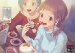  :d alcohol beer beer_mug bowl bracelet brown_hair chopsticks commentary_request cup eating food gin_(oyoyo) holding holding_chopsticks holding_cup jewelry mole mole_under_mouth multiple_girls off-shoulder_sweater open_mouth original rice rice_bowl smile sweater turtleneck turtleneck_sweater v yakiniku 