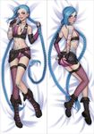  1girl ass blue_hair blush boots braid breasts dakimakura jinx_(league_of_legends) league_of_legends lipstick single_thighhighs tattoo twin_braids very_long_hair 