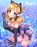  animal_ears arm_support black_gloves blonde_hair breasts brown_eyes cat_ears character_name choker cleavage collarbone elbow_gloves eneco eyebrows_visible_through_hair fake_animal_ears gloves grey_shorts headphones headset highres kneeling love_live! love_live!_sunshine!! medium_breasts microphone ohara_mari short_shorts shorts sleeveless solo star strapless striped striped_legwear thighhighs w 