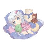  bangs barefoot blue_eyes blush bow chibi closed_mouth commentary_request crescent eromanga_sensei eyebrows_visible_through_hair foreign_blue frilled_shirt frilled_shorts frilled_sleeves frills hair_bow holding holding_stuffed_animal izumi_sagiri long_hair long_sleeves looking_at_viewer lying on_side pillow pink_bow pink_pajamas pink_shirt pink_shorts shirt short_shorts shorts silver_hair simple_background solo star stuffed_animal stuffed_octopus stuffed_toy teddy_bear very_long_hair watermark web_address white_background 