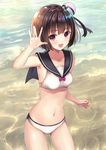  :d arm_up armpits bangs bare_arms bare_shoulders bikini black_sailor_collar blunt_bangs blush breasts brown_hair collarbone cowboy_shot day eyebrows_visible_through_hair hat highres legs_apart mini_hat moe2018 navel ocean open_mouth original outdoors purple_eyes sailor_bikini sailor_collar shiny shiny_skin short_hair small_breasts smile solo stomach sunlight swimsuit thighs tsumiwara water water_drop white_bikini white_hat 