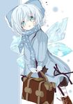  alternate_costume animal_print aqua_hair bag black_ribbon blue_bow blue_coat bow cat_print cirno commentary_request gloves green_eyes hair_bow ice ice_wings inasa_orange looking_at_viewer open_mouth polka_dot ribbon scarf shoes socks solo striped striped_legwear touhou wings 