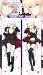  ahoge artoria_pendragon_(all) bed_sheet belt black_dress black_footwear black_jacket black_legwear black_ribbon black_shirt black_shorts blonde_hair blue_jacket boots breasts cleavage collarbone dakimakura dark_excalibur dress eyebrows_visible_through_hair fate/grand_order fate_(series) from_above fur_trim hair_between_eyes hair_ribbon head_tilt highres holding holding_sword holding_weapon jacket jeanne_d'arc_(alter)_(fate) jeanne_d'arc_(fate)_(all) jewelry knee_boots large_breasts long_hair looking_at_viewer lying menggongfang midriff multiple_girls navel necklace on_back open_clothes open_jacket parted_lips partially_unzipped ponytail ribbon saber_alter shirt short_dress short_hair short_shorts shorts silver_hair sleeveless sleeveless_dress sleeveless_shirt stomach sword thighhighs unzipped weapon wicked_dragon_witch_ver._shinjuku_1999 yellow_eyes 