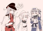  ainu_clothes animal belt blue_eyes blue_hair blush breasts brown_gloves bunny closed_mouth commentary_request crossed_arms dress facial_scar flat_cap gangut_(kantai_collection) gloves grey_hair hair_between_eyes hat headband hibiki_(kantai_collection) itomugi-kun jacket jacket_on_shoulders kamoi_(kantai_collection) kantai_collection large_breasts long_hair looking_at_another medium_breasts military military_uniform multicolored_hair multiple_girls naval_uniform ponytail red_eyes red_shirt remodel_(kantai_collection) sailor_collar scar scar_on_cheek scarf school_uniform serafuku shirt silver_hair simple_background translation_request uniform verniy_(kantai_collection) white_hair 
