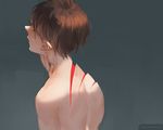  back_turned bare_back brown_hair deep_wound grey_background injury loika looking_away male_focus original shaded_face shirtless simple_background watermark 