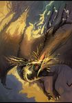  2012 alradeck black_bars claws day digital_media_(artwork) dragon feral flying horn outside solo spines yellow_theme 