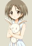  brown_eyes brown_hair casual commentary dress eyebrows_visible_through_hair girls_und_panzer grey_background holding holding_stuffed_animal looking_at_viewer ma-2_(konkon_kitakitsune) maruyama_saki parted_lips short_hair simple_background sketch sleeveless sleeveless_dress solo standing stuffed_animal stuffed_bunny stuffed_toy upper_body white_dress 