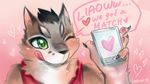  &lt;3 2018 anthro cat cellphone english_text eyes_closed feline green_eyes mammal nekojishi phone shu-chi signature solo text tongue tongue_out 