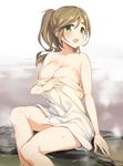  :d blush breasts brown_hair cleavage commentary_request covering eyebrows_visible_through_hair fang green_eyes hand_on_own_chest highres ikomochi inuyama_aoi large_breasts naked_towel nude_cover onsen open_mouth ponytail sitting smile soaking_feet solo steam thick_eyebrows towel wet yurucamp 