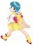  80s absurdres animal_ears arms_behind_back bangs blue_hair blunt_bangs brown_eyes cat cat_ears creamy_mami eyebrows_visible_through_hair full_body hands_together highres hood hood_basket hood_down looking_at_viewer mahou_no_tenshi_creamy_mami morisawa_yuu nega_(creamy_mami) official_art oldschool posi_(creamy_mami) short_hair short_sleeves simple_background skirt solo takada_akemi white_background yellow_legwear 