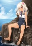  :d arms_at_sides bangs bare_legs barefoot black_swimsuit blonde_hair blue_sky blue_swimsuit blush breasts broiler character_name clothes_writing cloud covered_navel crop_top day eyebrows_visible_through_hair full_body highres horizon japanese_flag kantai_collection long_hair looking_away looking_down ocean one-piece_tan open_mouth ro-500_(kantai_collection) rock school_swimsuit shiny shiny_skin sitting skin_tight sky sleeveless small_breasts smile solo starfish_hair_ornament straight_hair swimsuit swimsuit_under_clothes tan tanline tareme upper_teeth water water_drop wet wet_clothes wet_swimsuit 
