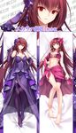  anklet barefoot bikini breasts brown_hair cleavage collarbone dakimakura detached_sleeves dress fate/grand_order fate_(series) flower from_above full_body gloves hair_between_eyes hair_flower hair_ornament hand_on_hip heroic_spirit_formal_dress highres jewelry large_breasts long_hair looking_at_viewer lying menggongfang multiple_views navel on_back parted_lips purple_bikini purple_dress purple_flower purple_gloves purple_legwear purple_sarong red_eyes sarong scathach_(fate)_(all) scathach_(fate/grand_order) see-through sleeveless sleeveless_dress smile swimsuit thighhighs tiara underboob very_long_hair 