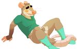  2017 5_fingers anthro balls biped blush chastity chastity_cage clothed clothing daire daire301 digital_drawing_(artwork) digital_media_(artwork) fur green_clothing green_shirt green_socks green_topwear hi_res legwear male mammal marsupial one_eye_closed open_mouth opossum penis shirt simple_background socks solo teeth white_background 
